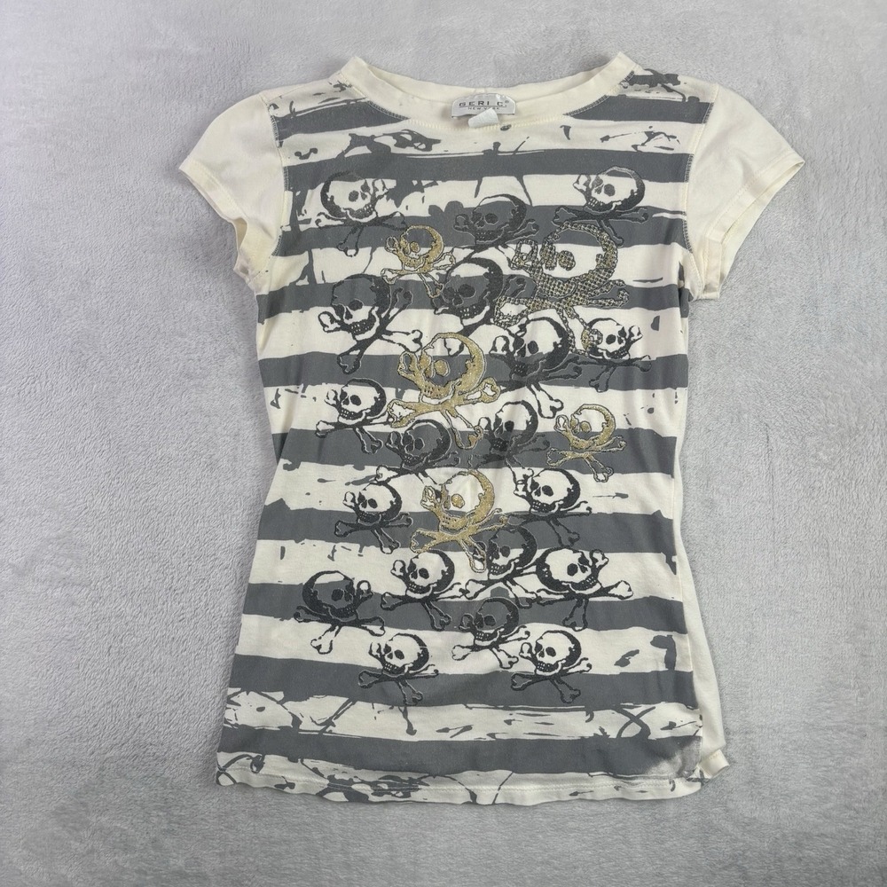 Y2K Geri C. Skull Striped White Cap Sleeve Graphic Shirt Women's Medium
